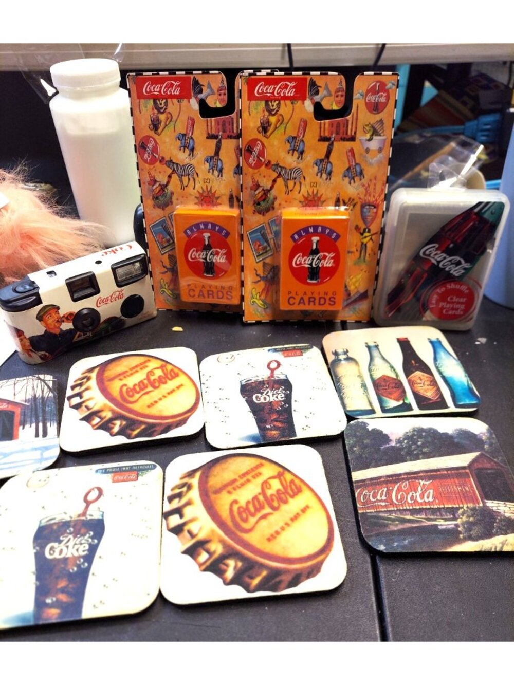 Coca-Cola Themed Collectibles: Playing Cards Coasters & Disposable Camera Set